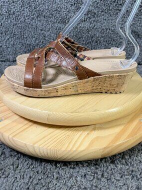 Crocs A-Leigh Sandals Womens Size 11 Brown Leather Wedge Heel Strappy Slip On